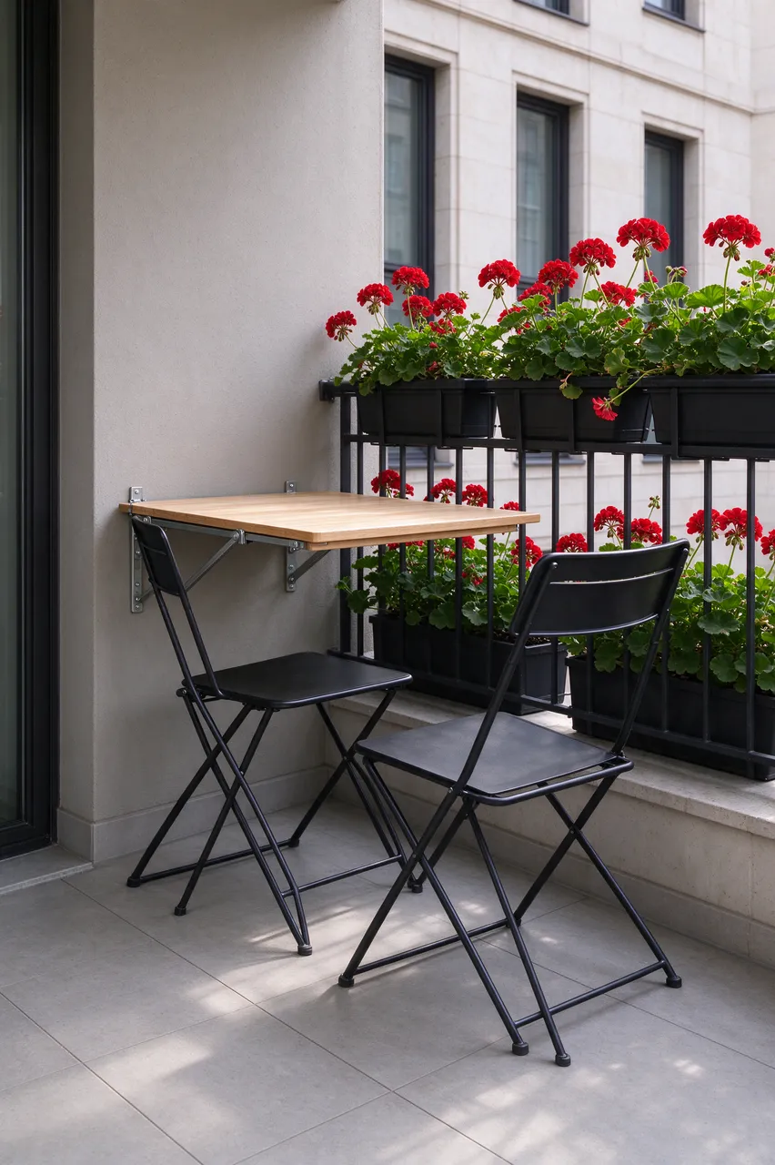 Compact balcony with wall-mounted fold-down table, two black folding chairs, and red geranium planters on the railing