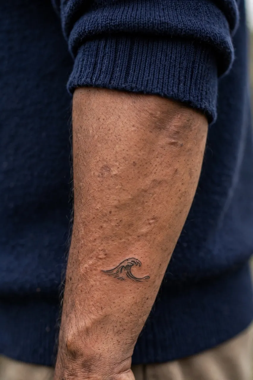 Close-up of a man's inner forearm showing a tiny wave tattoo below the cuff of a navy knit sweater.