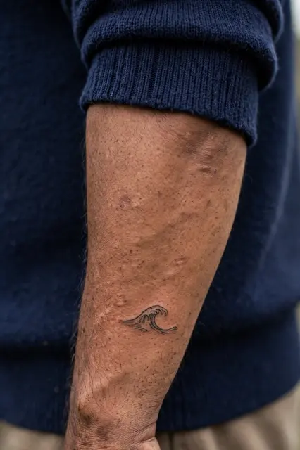 Close-up of a man's inner forearm showing a tiny wave tattoo below the cuff of a navy knit sweater.