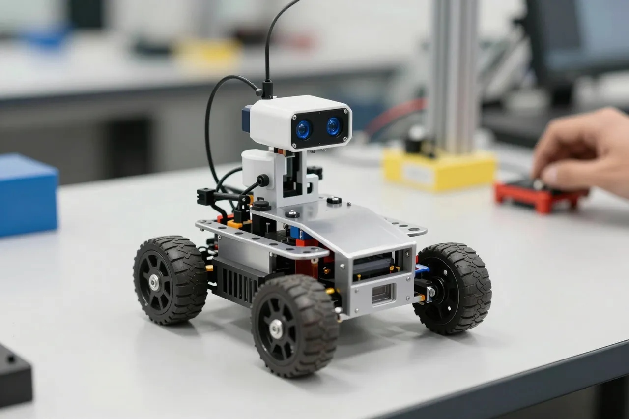 A small wheeled build robot sits on a lab workbench next to a partially visible person's hand adjusting equipment