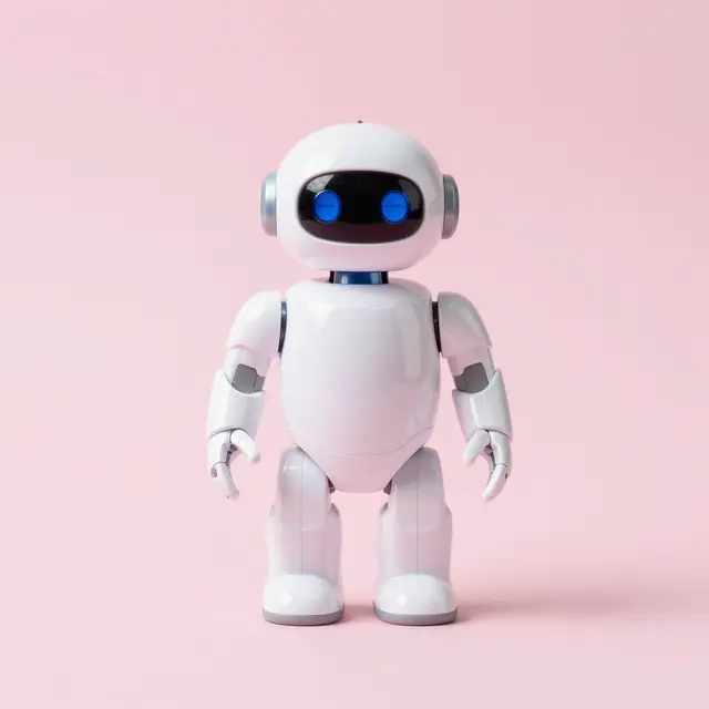 Glossy white toy robot with round blue eyes stands centered on a solid pastel pink background