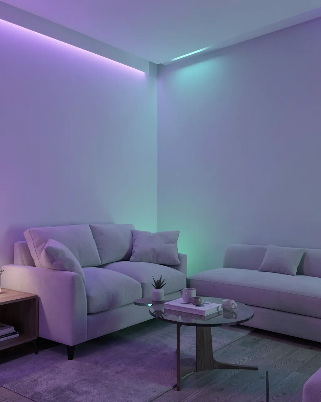 Modern living room corner illuminated by soft violet and teal color-changing LED ambient lighting