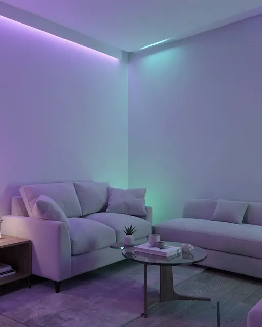 Modern living room corner illuminated by soft violet and teal color-changing LED ambient lighting