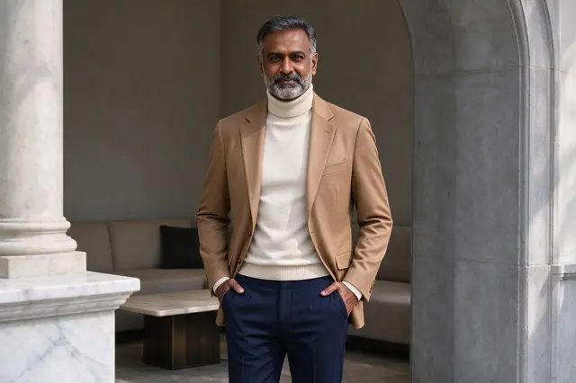 A South Asian man in his fifties stands with hands in pockets wearing a tan blazer and cream turtleneck