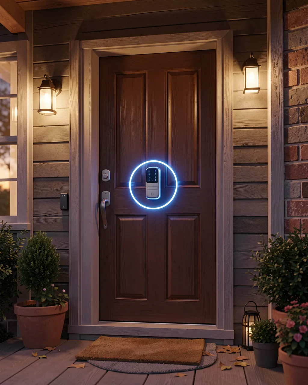 Wooden front door with glowing blue ring around a smart lock on a cozy dusk porch