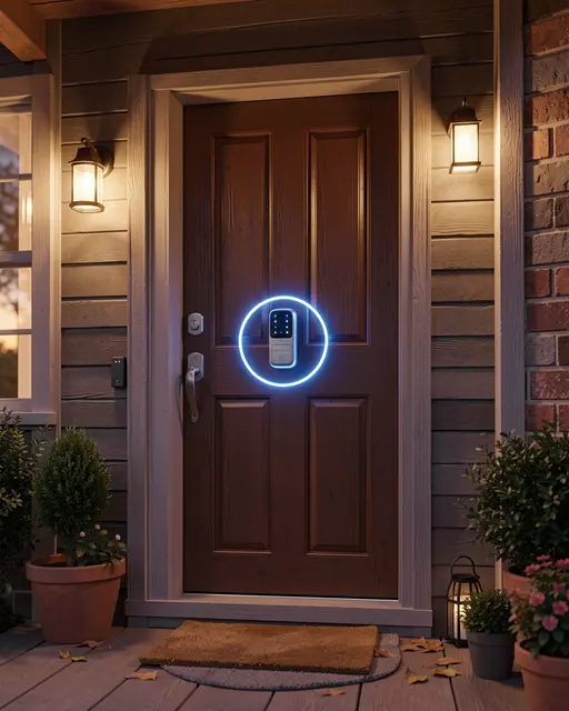 Wooden front door with glowing blue ring around a smart lock on a cozy dusk porch