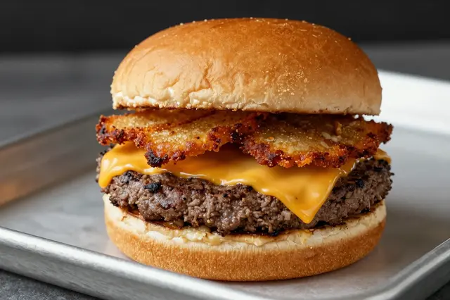 A close-up of a smash burger with melted cheese and crispy toppings resting on a square metal tray