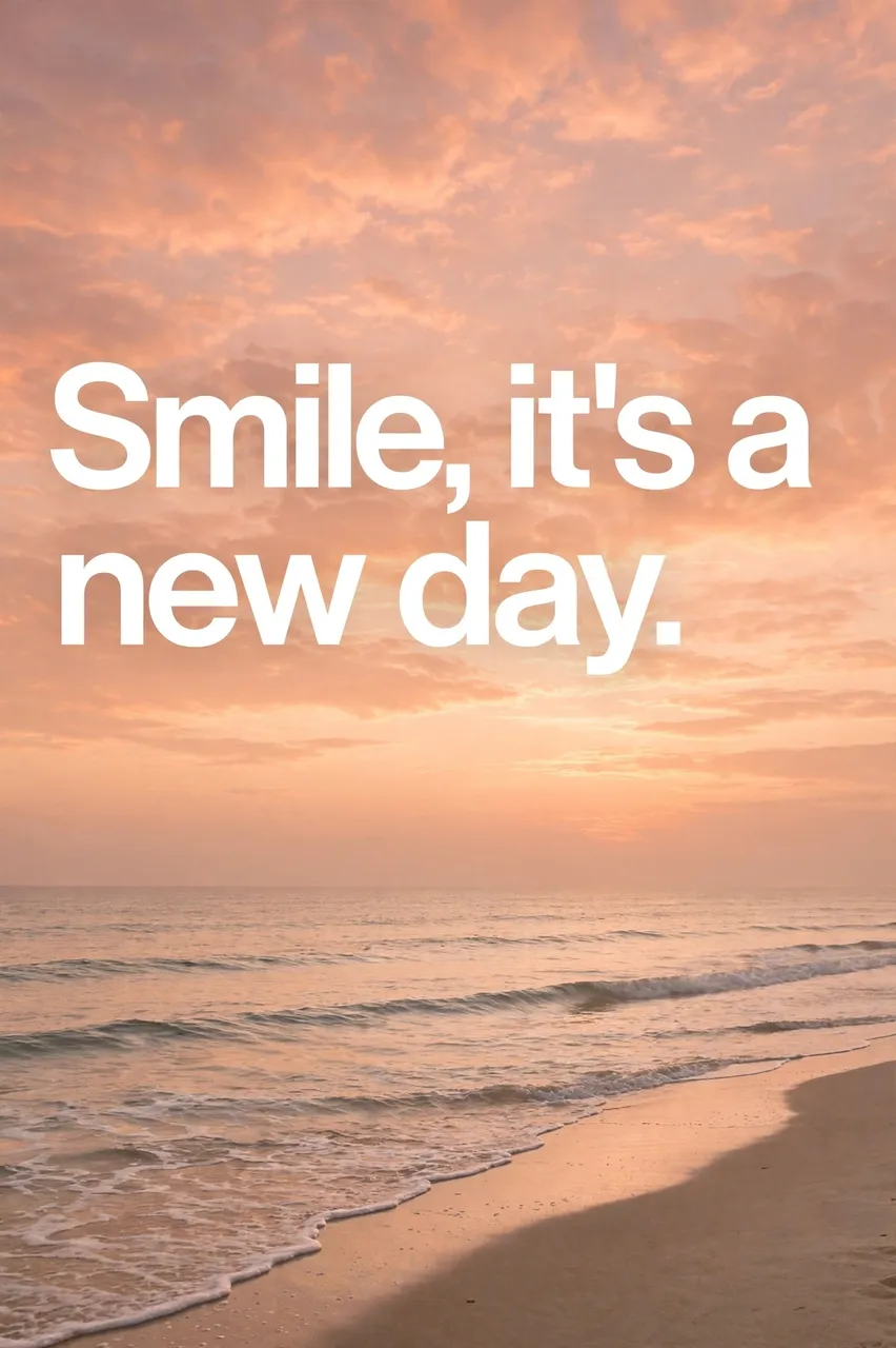 "Smile, it's a new day" text over a calm peach sunrise beach with gentle rolling waves
