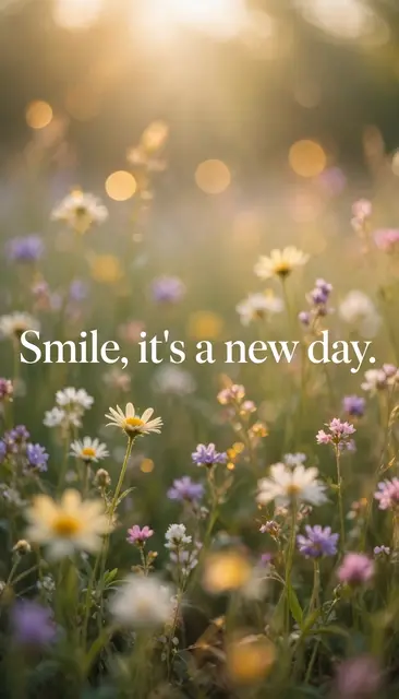 Soft sunlit blurry wildflower meadow with centered white serif text reading "Smile, it's a new day."