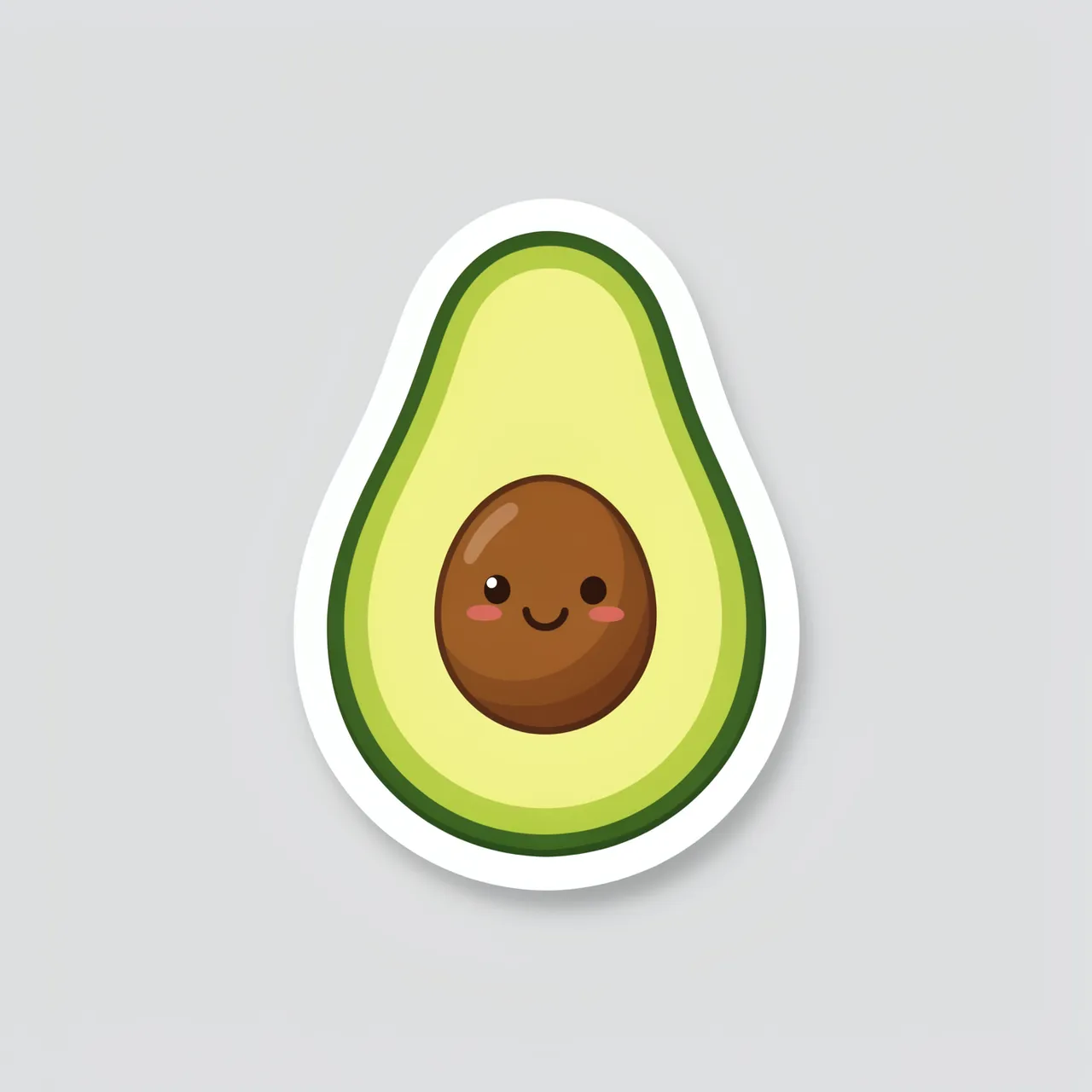 Cute die-cut sticker of an avocado half with a smiling pit, set on a plain light gray background