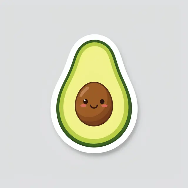 Cute die-cut sticker of an avocado half with a smiling pit, set on a plain light gray background