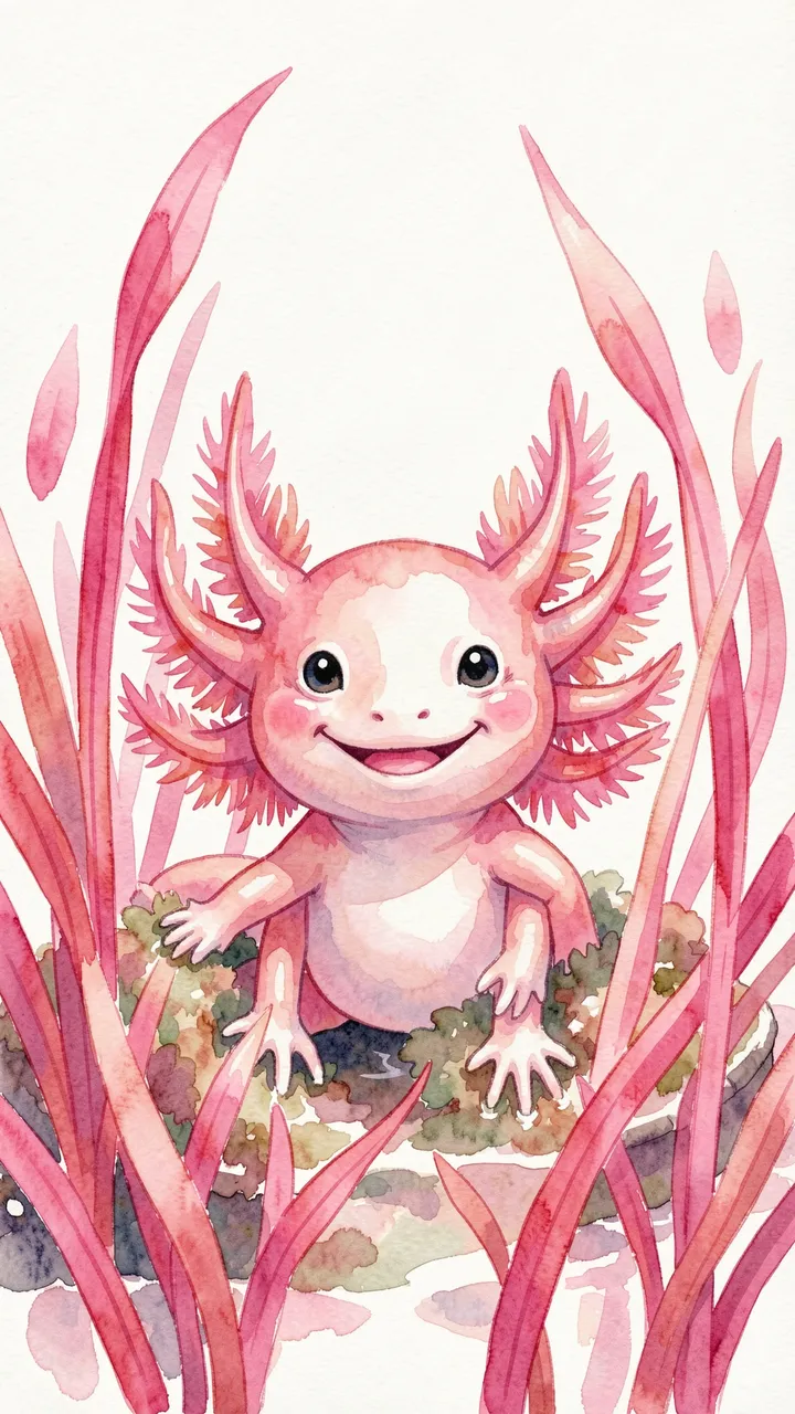 Watercolor illustration of a smiling pink axolotl surrounded by tall pink aquatic plants