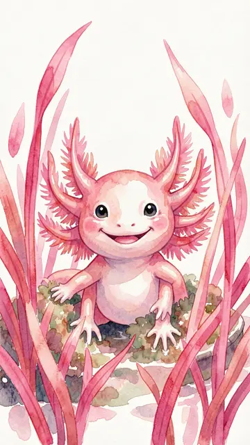 Watercolor illustration of a smiling pink axolotl surrounded by tall pink aquatic plants