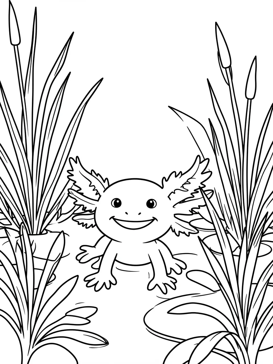 Black and white line art of a smiling axolotl framed by pond reeds on a plain white background