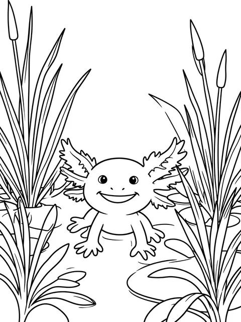Black and white line art of a smiling axolotl framed by pond reeds on a plain white background