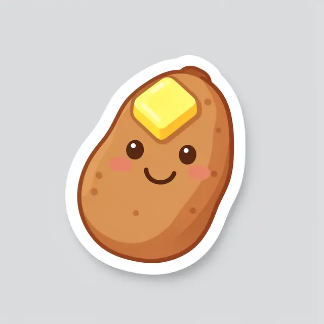 Cute die-cut sticker of a smiling baked potato with butter on a light gray background