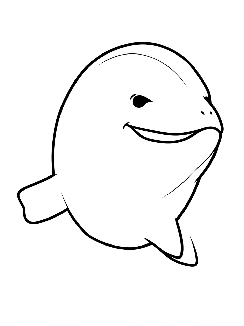 Bold black and white line drawing of a smiling cartoon beluga whale on a plain white background