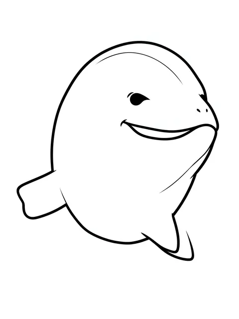 Bold black and white line drawing of a smiling cartoon beluga whale on a plain white background