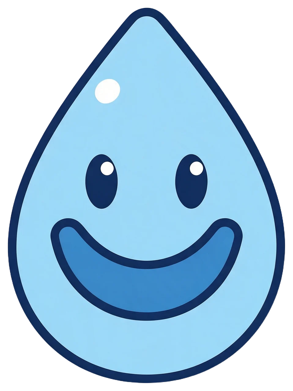 A cute cartoon light blue water drop character with a happy smile and sparkling eyes