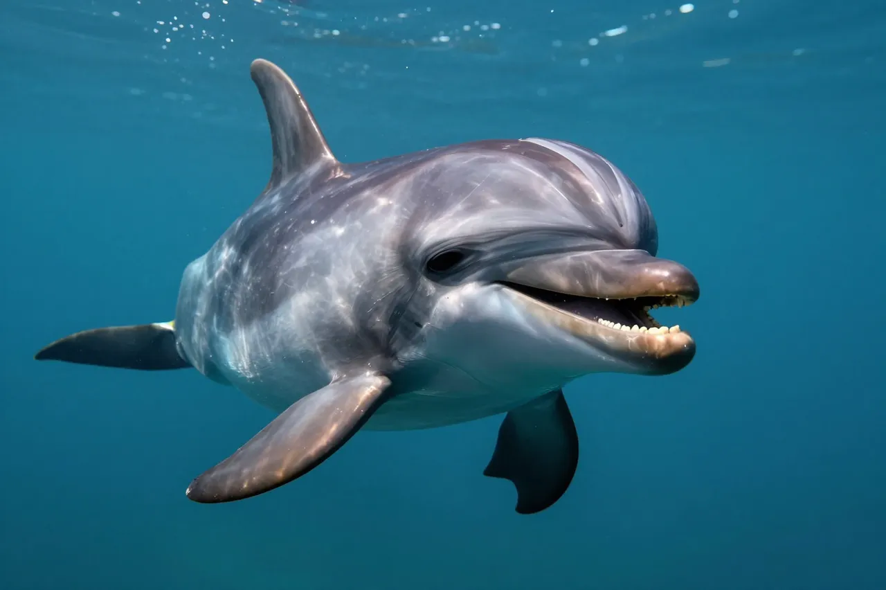 A friendly bottlenose dolphin swims close to the camera in clear blue ocean water
