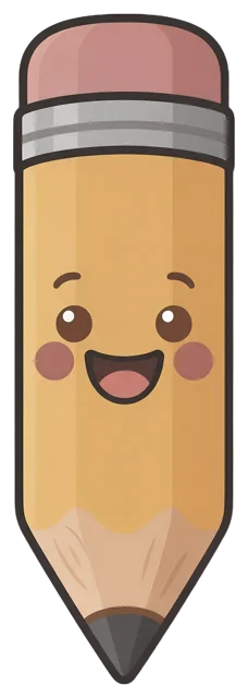 Cute happy cartoon pencil character with a friendly smiling face, pink eraser and sharpened tip