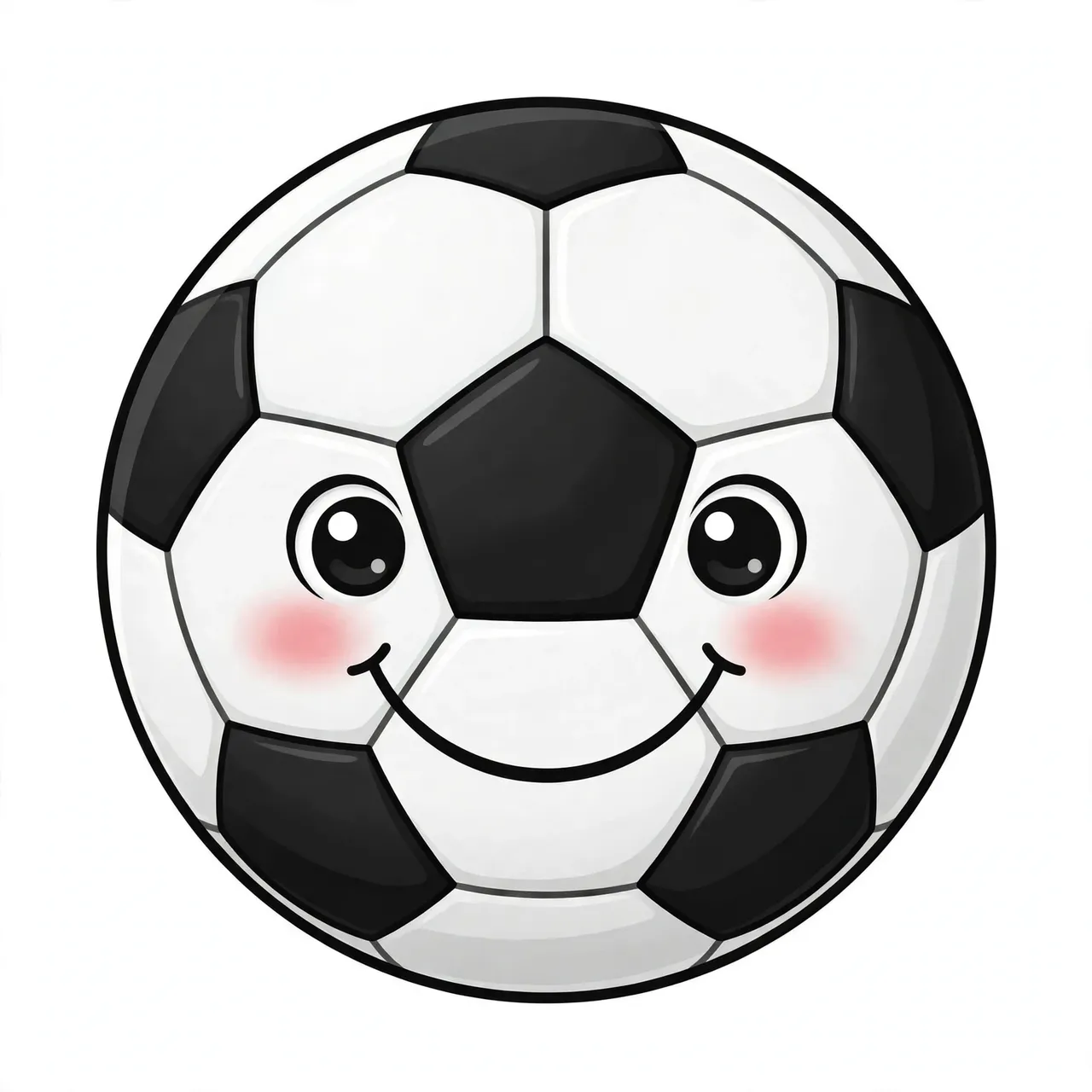 Cute cartoon soccer ball character with big eyes, rosy cheeks, and a happy smile on a light background