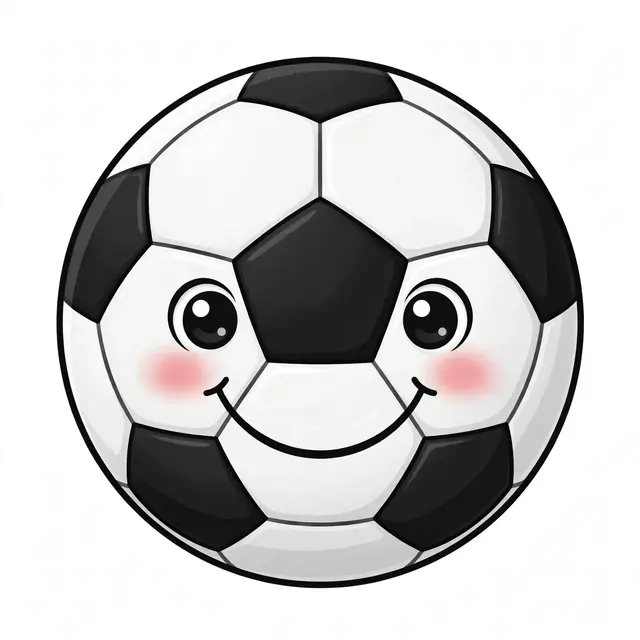 Cute cartoon soccer ball character with big eyes, rosy cheeks, and a happy smile on a light background