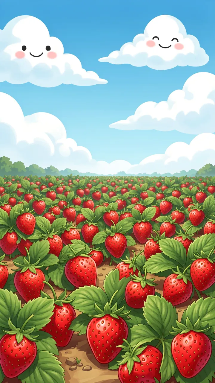 Vertical cartoon illustration of a lush strawberry field under cheerful, smiling white clouds on a bright blue day