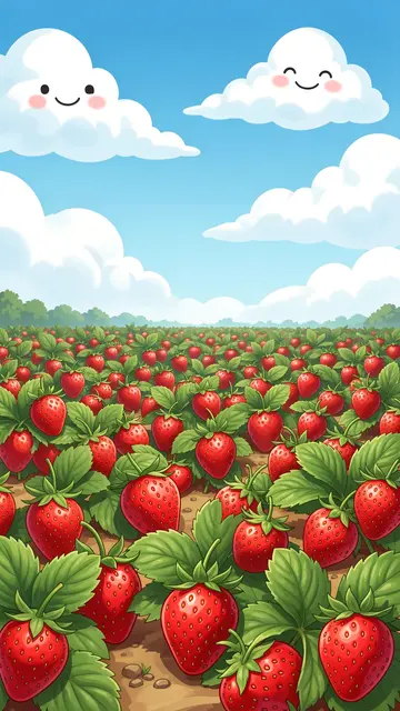 Vertical cartoon illustration of a lush strawberry field under cheerful, smiling white clouds on a bright blue day