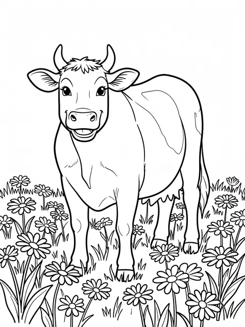 Black and white bold line art of a smiling cow standing in a field of daisies on a plain white background