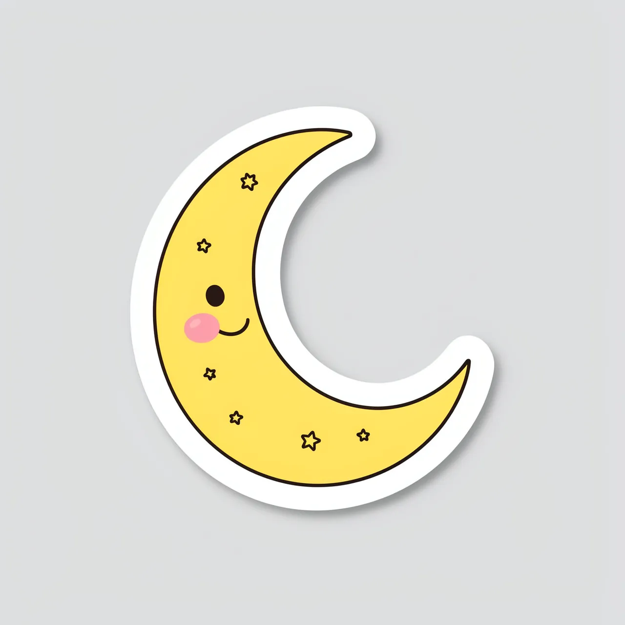 Cute die-cut sticker of a smiling yellow crescent moon with tiny stars on a light gray background