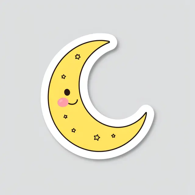 Cute die-cut sticker of a smiling yellow crescent moon with tiny stars on a light gray background