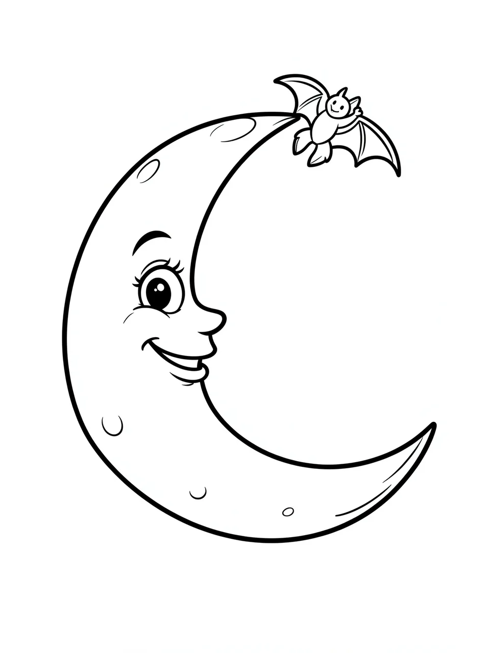 Black and white line art of a smiling crescent moon with a small bat perched on its upper tip