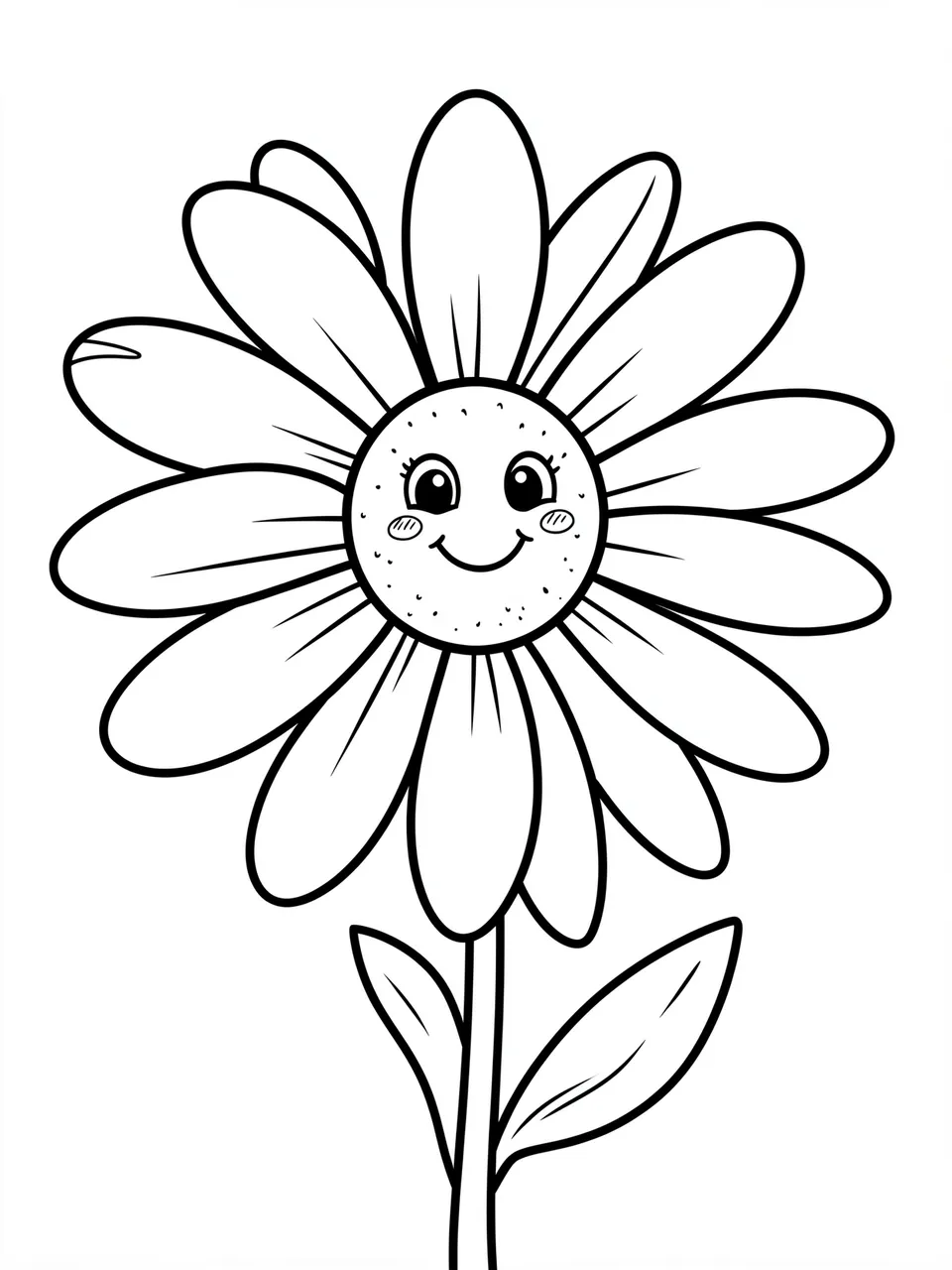 Bold black and white line art of a cheerful cartoon daisy with a smiling face on its flower center