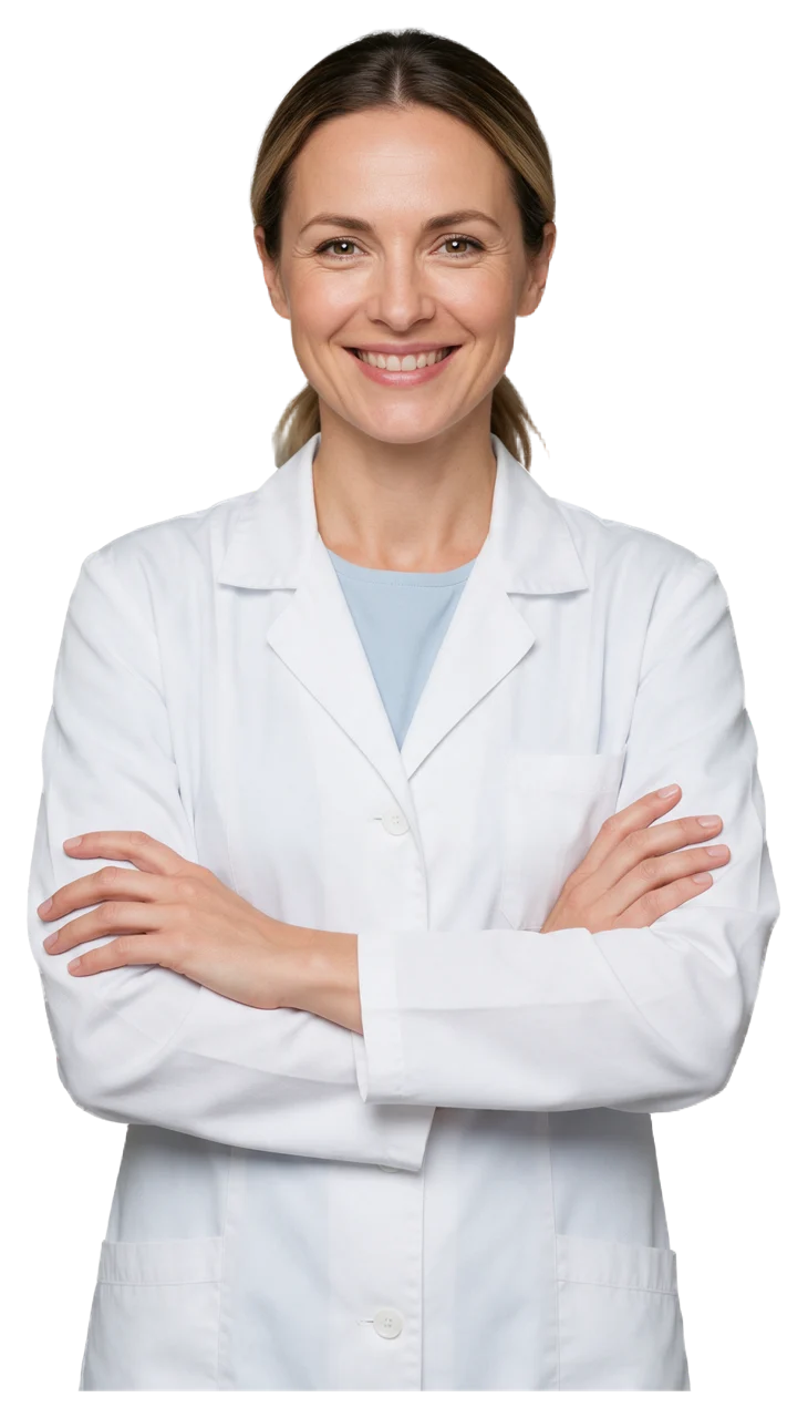 Mid shot of a friendly woman in a white lab coat smiling at the camera with arms crossed