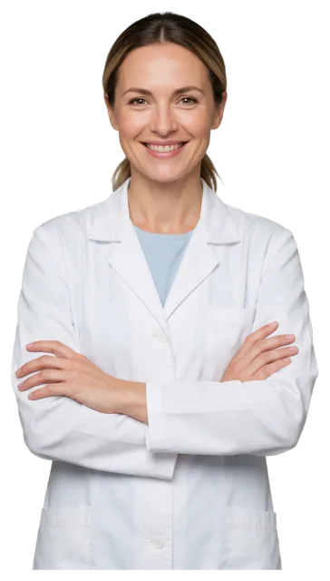 Mid shot of a friendly woman in a white lab coat smiling at the camera with arms crossed