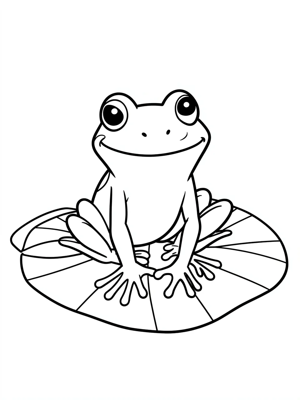 Black and white line art of a smiling cartoon frog sitting on a lily pad against a plain white background