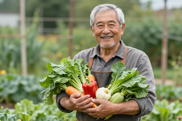 Elderly smiling man holds a bunch of fresh homegrown vegetables in his garden