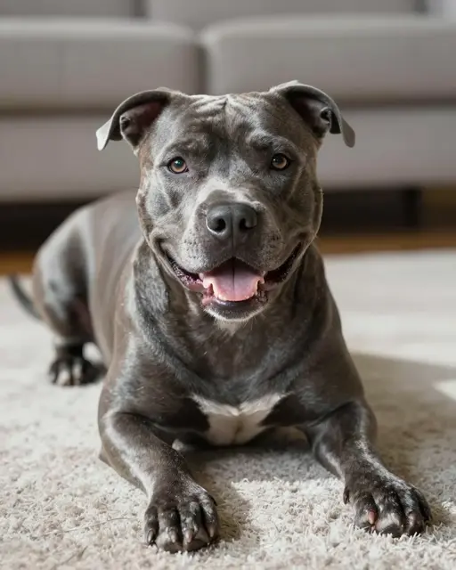 A happy blue-gray pit bull terrier lies on a fluffy sunlit living room rug looking at the camera.