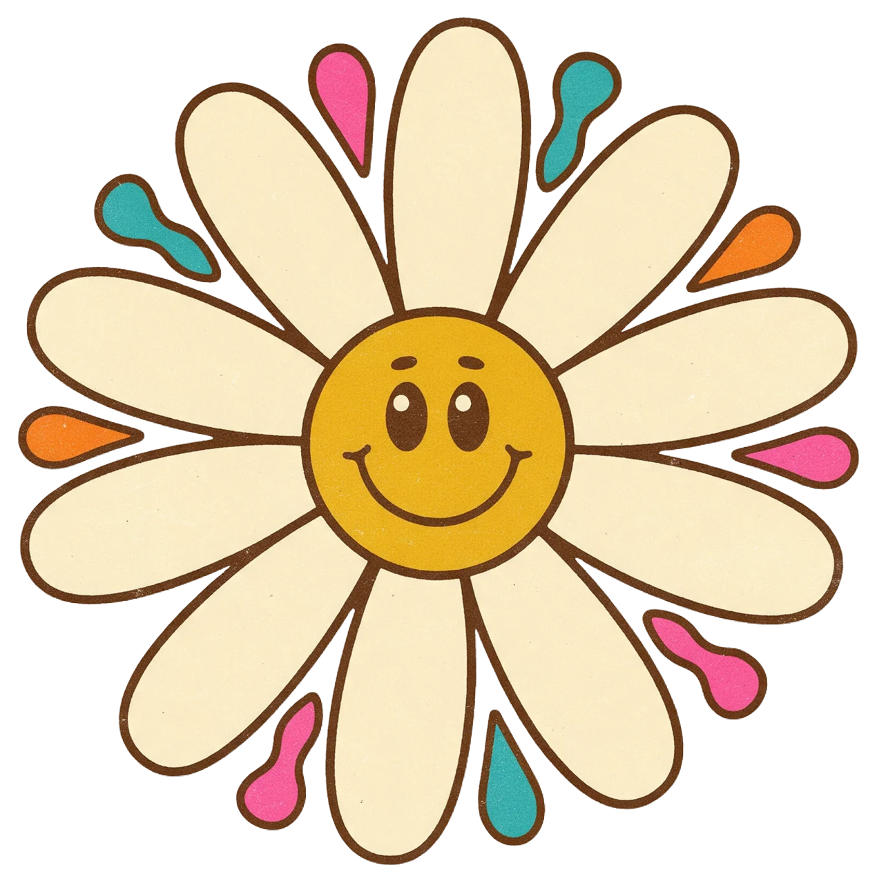 Retro 1970s illustrated daisy with a cheerful smiling face on its golden centre