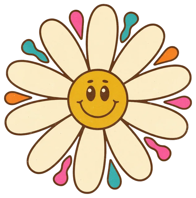 Retro 1970s illustrated daisy with a cheerful smiling face on its golden centre