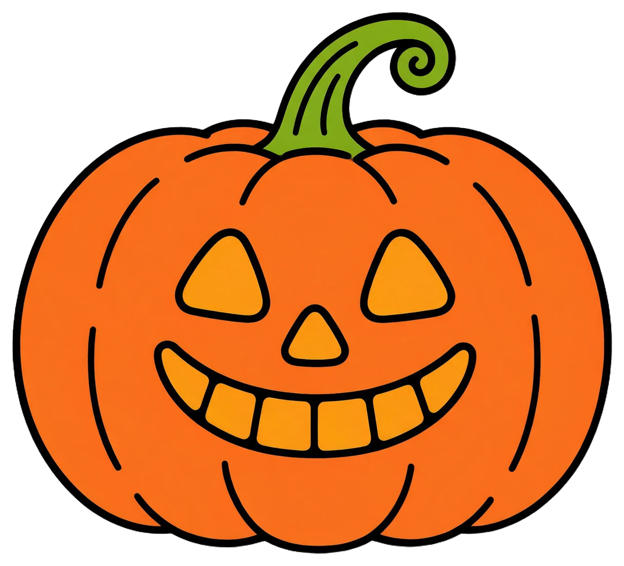 Cute cartoon jack-o'-lantern illustration with a friendly face and curly green stem