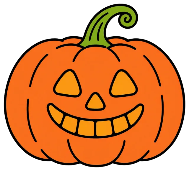 Cute cartoon jack-o'-lantern illustration with a friendly face and curly green stem