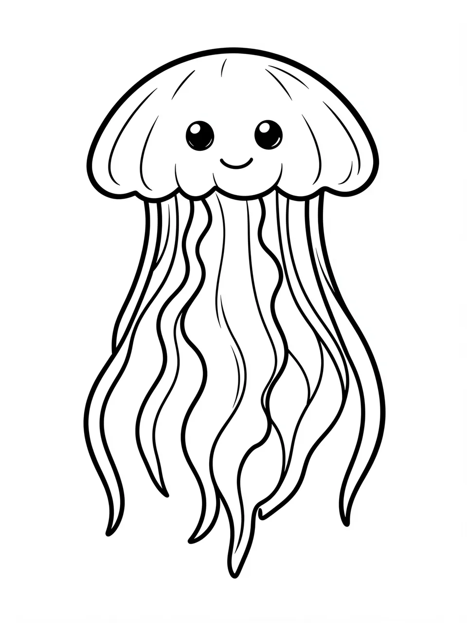 Bold black and white line art of a cute smiling jellyfish on a plain white background