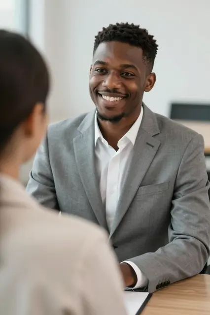 A smiling young Black man in a gray suit sits across from an interviewer in a bright office