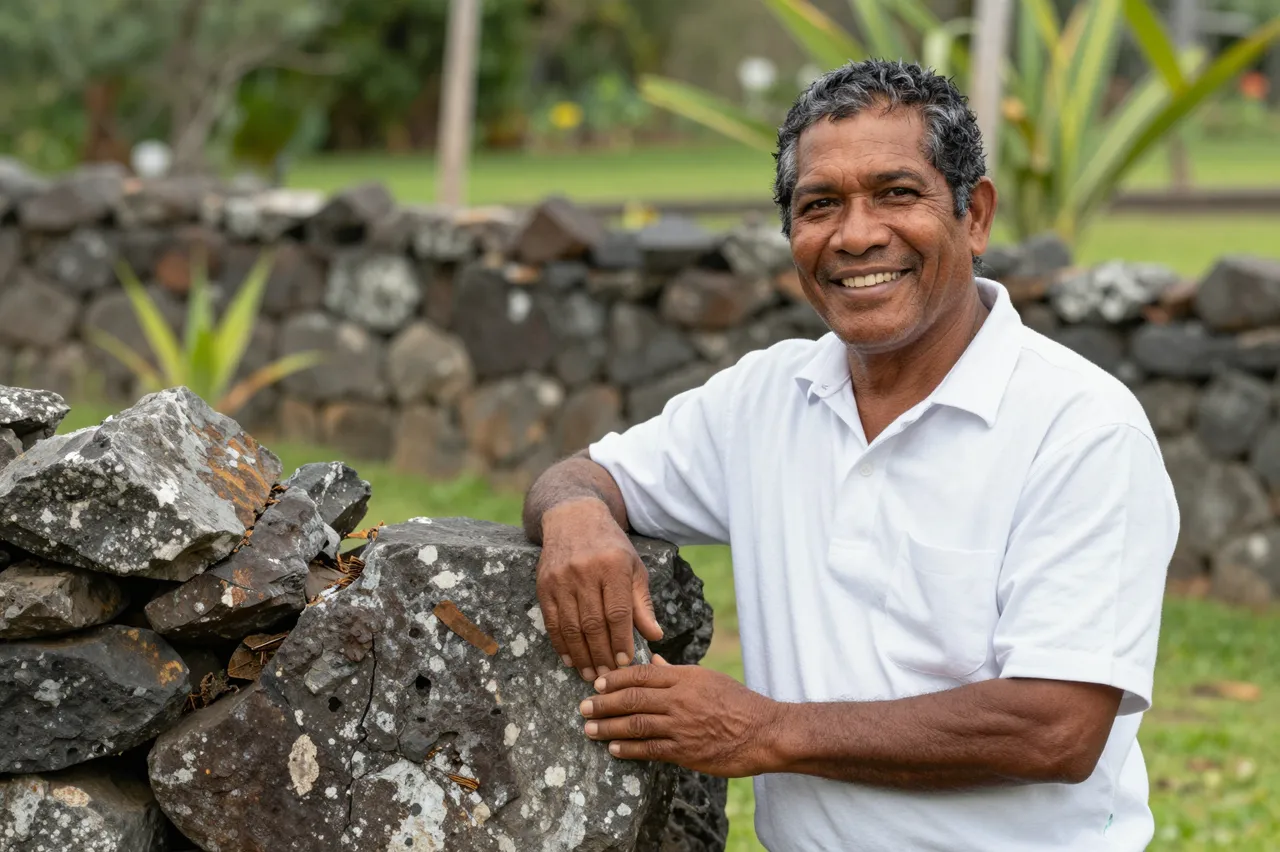A smiling Pacific Islander man in a white shirt rests his hands on a stone garden wall
