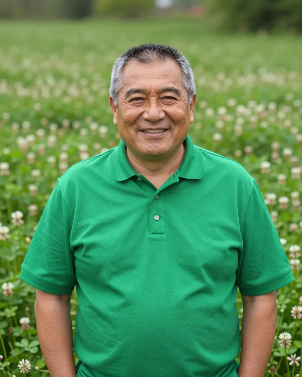 Smiling middle aged man in a green polo shirt stands in a sunlit clover field