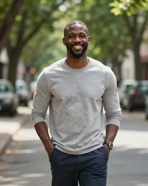 A happy Black man in his thirties stands with hands in his pockets on a sunlit leafy urban street.