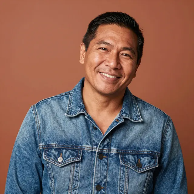 Studio headshot of a smiling Indigenous man wearing a blue denim jacket against a terracotta backdrop