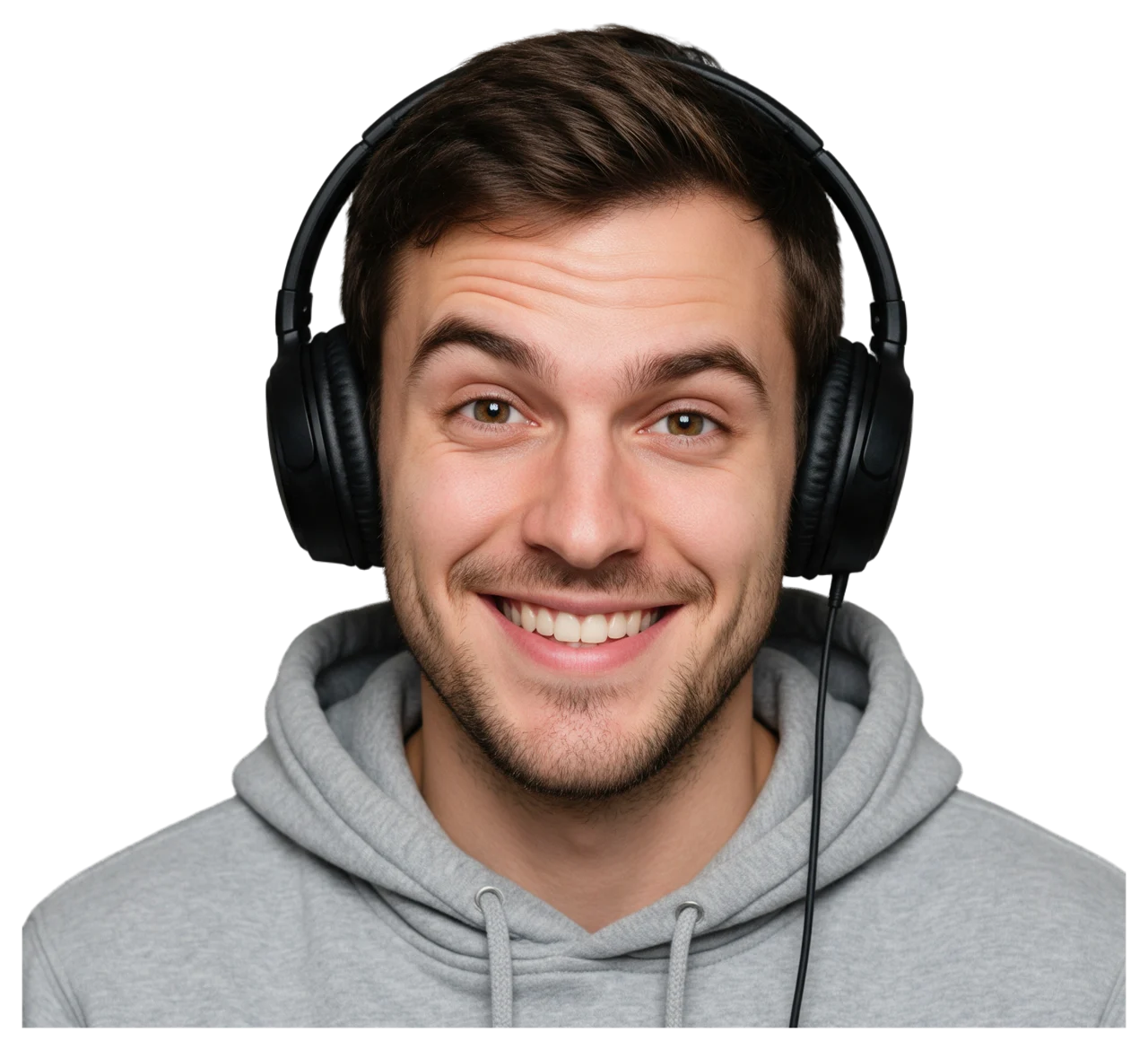 Young adult man in a grey hoodie wearing black headphones, smiling with a raised eyebrow